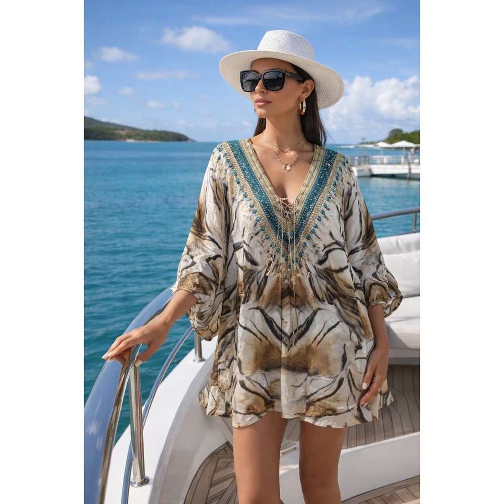 Camilla silk crystal embellished kaftan mini dress size S animal print